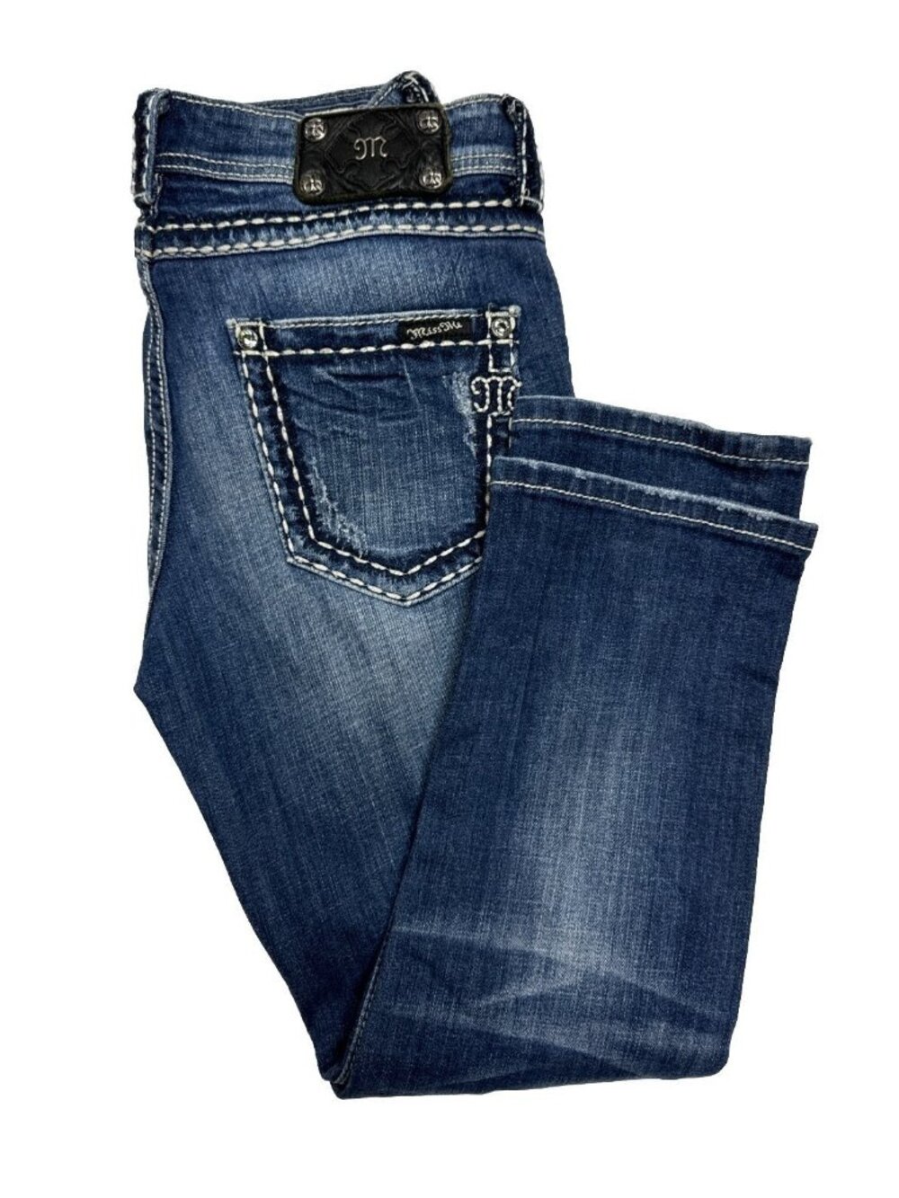 MISS ME Boyfriend Capri Jeans Size 27 Med Wash Thick Stitch Embellished